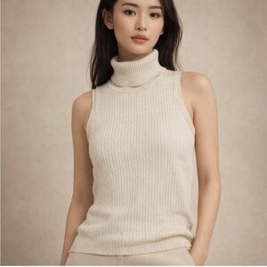 Pria Cream Ribbed Sleeveless Turtleneck Sweater Top | Size M